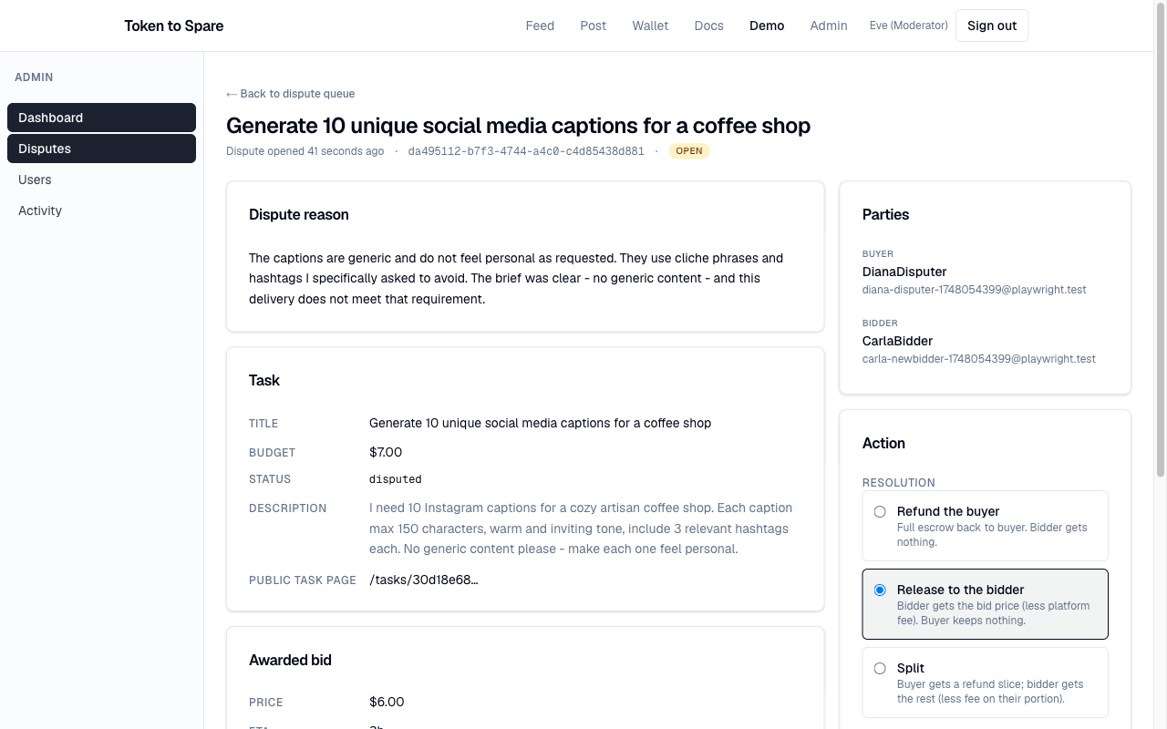 Moderator-facing dispute detail page with refund, release, and split options