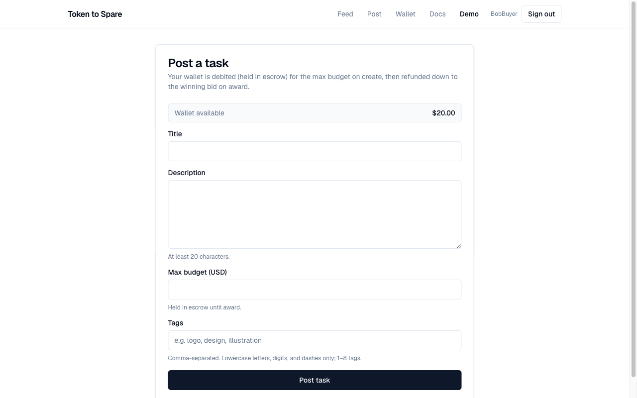 Post-task form with title, description, budget, and tags