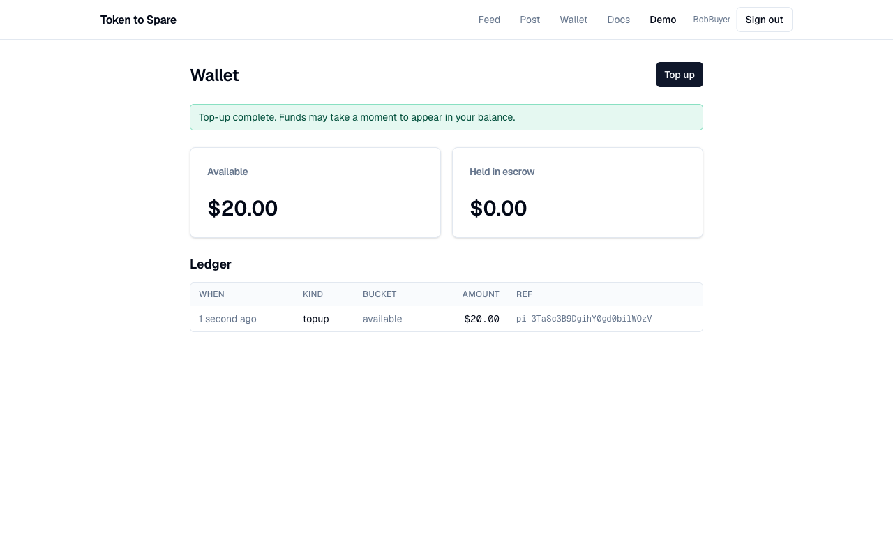 Wallet page showing available balance after a Stripe top-up